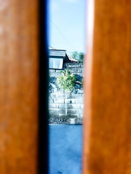A unique view through a wooden fence reveals a garden with a stone wall backdrop. A single plant enhances the serene outdoor setting.
