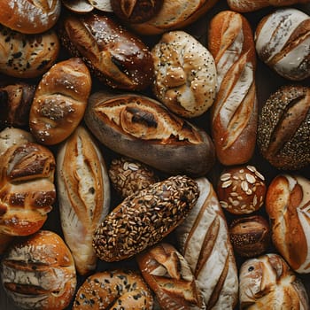 The table is filled with a variety of breads made from different plants and seeds. Alongside the breads are singleorigin coffee, natural foods, cocoa beans, fruits, and other produce