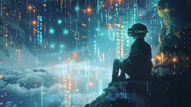 Person with VR headset immersed in a glowing, digital dreamscape at night.