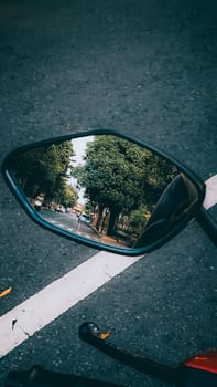 A vivid reflection of a lush tree-lined road is captured in a motorcycle mirror, suggesting travel and adventure. The mirror's angle offers a unique perspective of the picturesque journey.