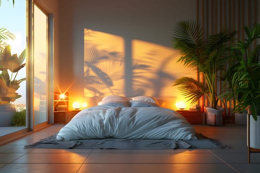 A cozy bedroom with a comfortable bed, plants adding a touch of nature, hardwood flooring, and sunlight streaming through the window, creating a warm and inviting atmosphere