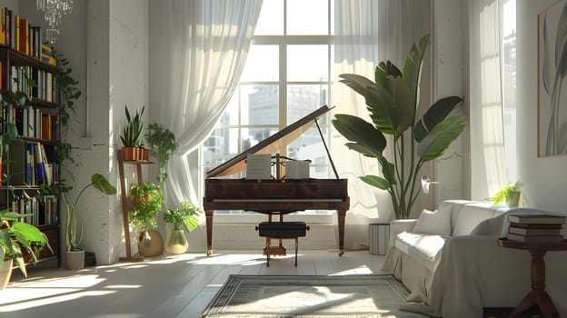 Sunlit room featuring a grand piano, cozy seating, plants, bookshelf and large windows.