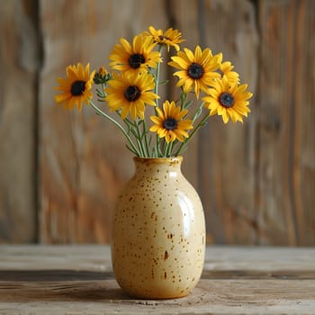 Beautiful bright yellow sunflowers in a speckled ceramic vase on rustic wooden table