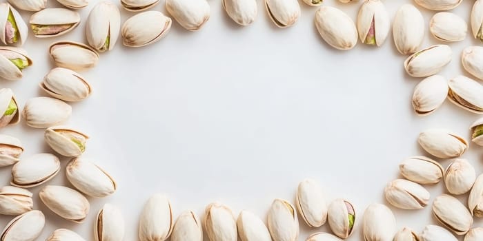 Pistachios neatly arranged in circular pattern with blank center for creative designs.