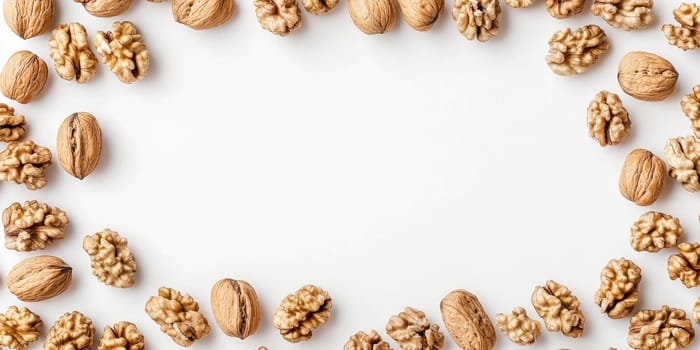 Walnuts arranged neatly in a circular pattern on white background for kitchen decor or health concept.