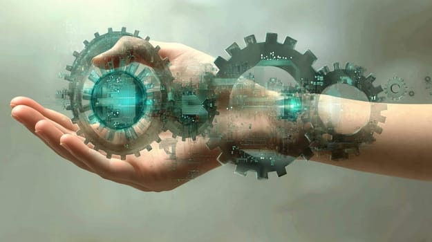 Businesswoman is connecting two digital gears, representing the concept of teamwork and collaboration in achieving technological advancement and innovation
