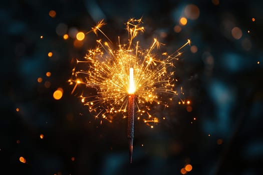 Festive fire sparkles on a dark background with golden bokeh. Bengal light in honor of the new year 2025.