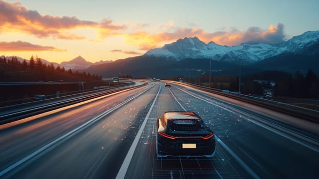 Green electric car is driving itself on a scenic country road at sunset, using artificial intelligence and machine learning
