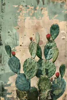 Watercolor cactus art print with red blossoms in rustic, textured background.
