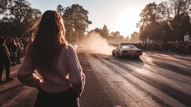 Powerful sports cars race through city streets at sunset, leaving a trail of smoke, thrilling spectators with high speed action