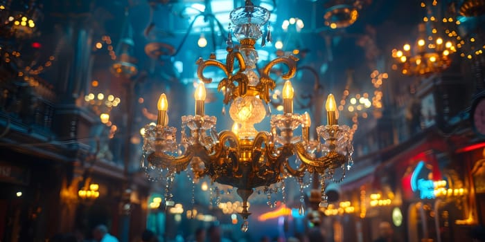 An electric blue chandelier hangs from the ceiling in a dimly lit room, casting a symmetrical glow. Similar to a city street light in the darkness