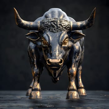 A sculpture of a bull, a working animal with long horns and a snout, made of natural materials, is standing on a table as an art piece
