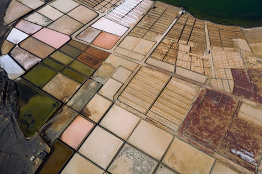 top view colorful salt flats on sunny day in Yaiza, Lanzarote at Canary Islands in Spain, concept of nature and marine lifestyle