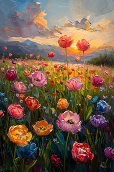 An art piece depicting a vibrant field of colorful flowers with a setting sun in the background, showcasing the beauty of natures botanical diversity