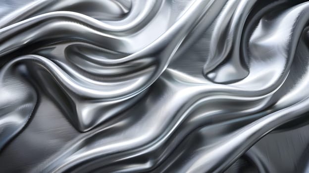 A closeup of a shimmering grey satin fabric with liquidlike waves, creating an artistic visual arts pattern in monochrome and electric blue hues, evoking a metallic silver sheen