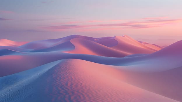 Sunrise over sand dunes casting pink and blue hues on serene, undulating landscape.