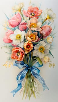 Bright spring flower bouquet with blue ribbon, perfect decor or gift idea.