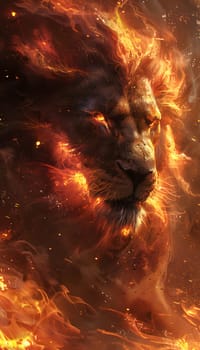The atmosphere around the lion is filled with amber and orange smoke, creating a heatfilled event. The sky is dark with gas, giving an astronomical objectlike appearance