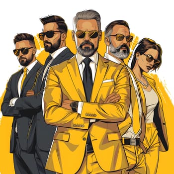 Team dressed in yellow suits and sunglasses radiates confidence and chic style