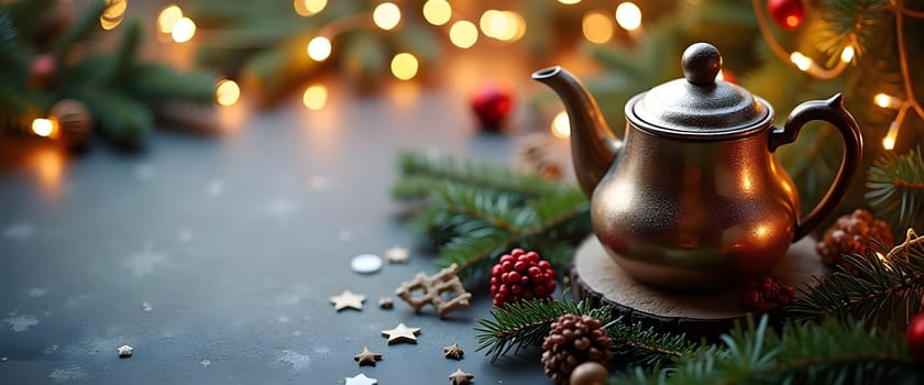 A vintage bronze teapot surrounded by festive Christmas decor. Fir branches, ornaments, and warm lights create a cozy holiday ambiance, perfect for a winter celebration