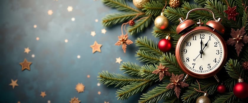 A vintage alarm clock surrounded by fir branches, ornaments, and warm Christmas lights. This festive composition brings a sense of nostalgia and warmth, perfect for capturing the holiday spirit
