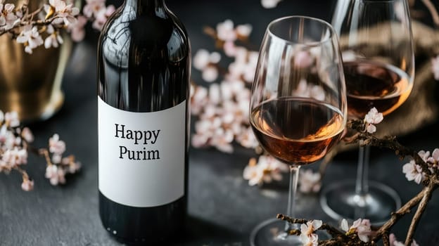 Joyous Purim: vibrant banner celebrating festive occasion, traditional themes of joy, costumes, community, inviting participation in lively festivities and the spirit of unity among friends, families