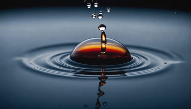 A water droplet falls into still water, creating a spherical bubble and concentric ripples.