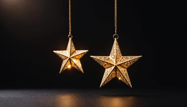 Two gold stars with intricate patterns are hanging on thin chains. They are suspended against a black background. Both stars are illuminated from within, emitting a warm light.