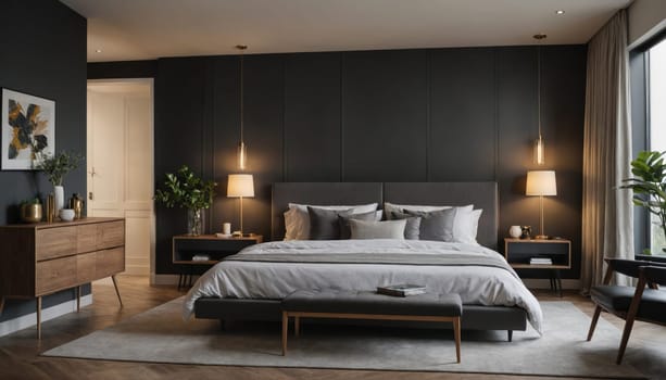 A large bed with white bedding and gray pillows sits in the center of a modern bedroom. Two nightstands with lamps are beside the bed.