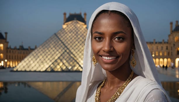 A young woman wearing a white headscarf and gold jewelry smiles for the camera with the Louvre Pyramid behind her. The pyramid is illuminated at night and the woman is in the foreground of the image.