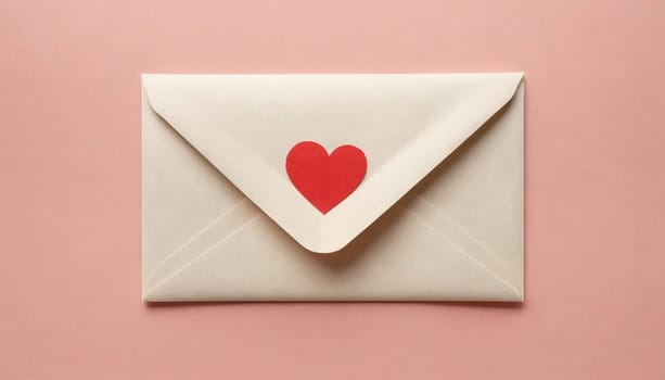 A closed white envelope with a red heart-shaped sticker is lying flat on a pink surface.