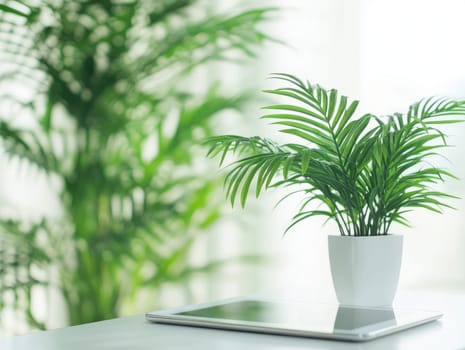 Modern workspace with digital tablet and green plant on white desk.