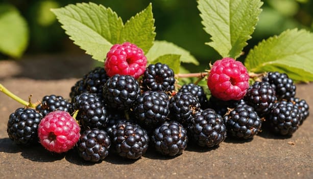 A pile of ripe blackberries and raspberries are displayed on a table in the garden. The blackberries are clustered together, while the raspberries are scattered among them.