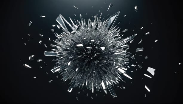 A spherical object made of glass has shattered, creating a dynamic pattern of shards against a black background.