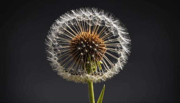 A dandelion seed head with white, feathery parachutes is in focus against a black background. The seed head is round and full, with the parachutes extending outwards in a radial pattern.