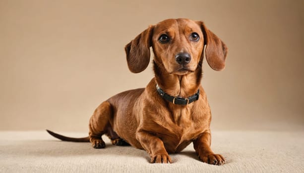 A brown dachshund sits with its front legs stretched out in front of it. It has a black collar and is looking to the left. The dog is on a white surface.
