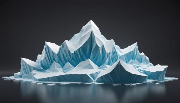 A large, blue iceberg with a sharp, jagged peak sits in still, dark water. The iceberg is made of ice and has a reflective surface. It appears to be floating in a calm, quiet environment.