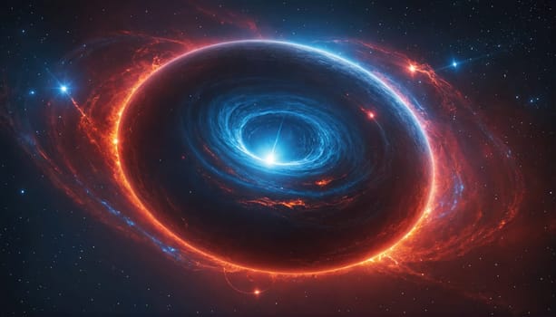 A cosmic scene featuring a bright blue star at the center of a spiral galaxy. The galaxy is surrounded by a fiery red ring of dust and gas.