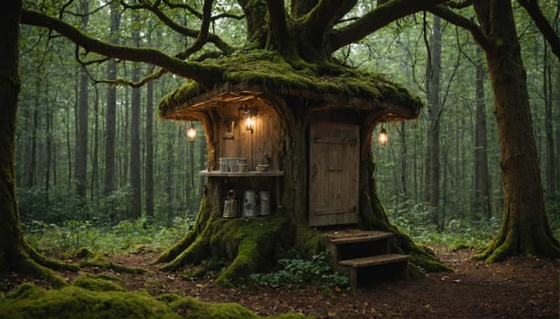 A small, wooden cabin is built into the base of a large, moss-covered tree trunk. The cabin has a door, a small window, and a shelf with a few items on it.