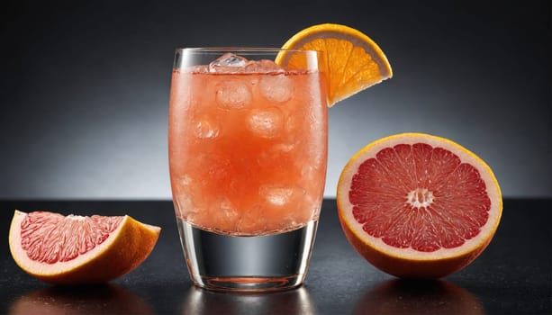 A tall glass filled with a pink grapefruit beverage and ice cubes sits on a dark surface with a slice of orange on the rim and two halves of a grapefruit next to the glass.