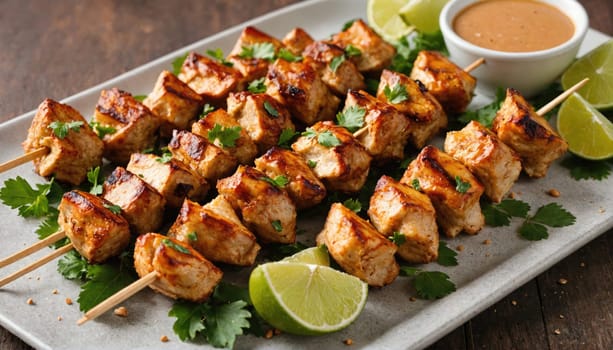 A plate of grilled tofu skewers is presented with lime wedges and a bowl of peanut sauce. The skewers are arranged on a grey rectangular plate, with fresh cilantro leaves scattered around.