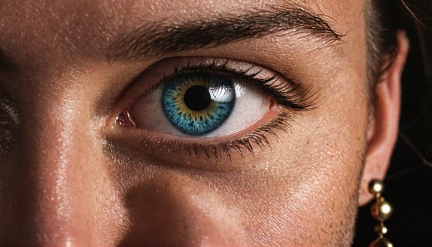 A close-up shot of a woman's eye with blue contact lenses. The light catches the intricate detail of the iris, highlighting the blue and brown colors.