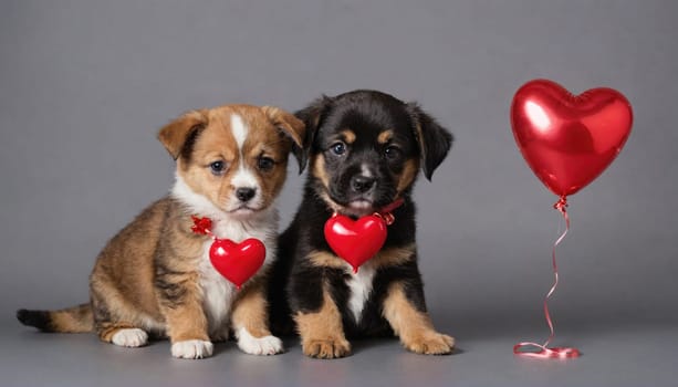 Two puppies sit together on a grey background. The puppy on the left is brown and white, and the puppy on the right is black and white. Both puppies are wearing red heart decorations.