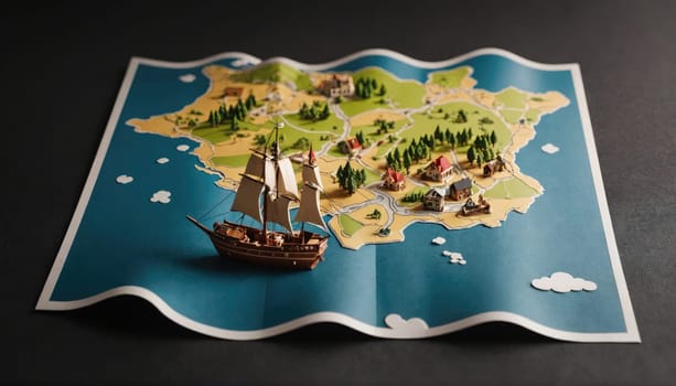 A miniature ship is shown sailing on a paper map of a small island town. The map is laid out on a dark surface and the ship is placed in the blue ocean surrounding the island.