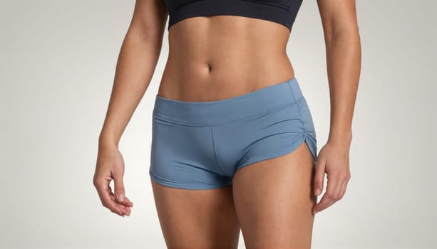 A woman is wearing a pair of blue athletic shorts. The shorts have a gathered detail on the side.