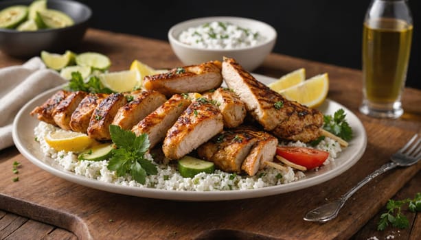 Grilled chicken skewers are plated with a bed of fluffy rice, sliced cucumbers, lemon wedges, and a side of tomato slices.