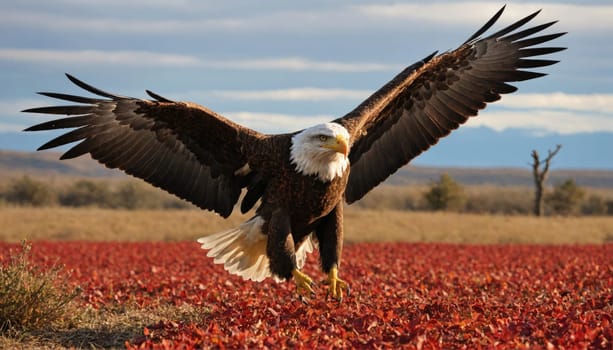 A bald eagle with white head and tail feathers lands in a field of red flowers. It is in mid-flight, wings outstretched, with its claws extended.