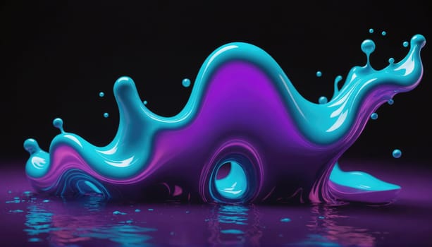 A wave of blue and purple paint splashes and curves through the air, landing on a purple surface. The paint creates a dynamic, abstract shape with a glossy finish.