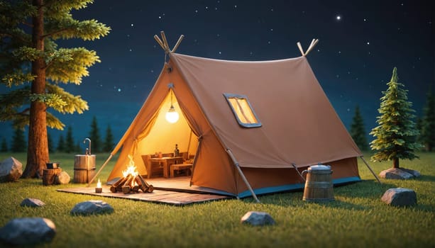 A brown tent with a wooden frame is lit up from within, with a small campfire burning outside its entrance. There are trees and rocks in the background.