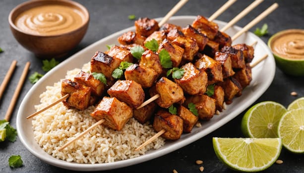 A white plate piled high with grilled tofu skewers on wooden sticks and a bed of brown rice. There are lime wedges, a bowl of peanut sauce, and chopsticks on the side.